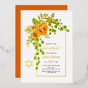Orangene Blumen und Bogen Bat Mizwa Goldfolie Folieneinladung