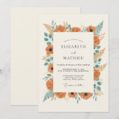 Orangene botanische rustikale Hochzeit Einladung (Vorne/Hinten)