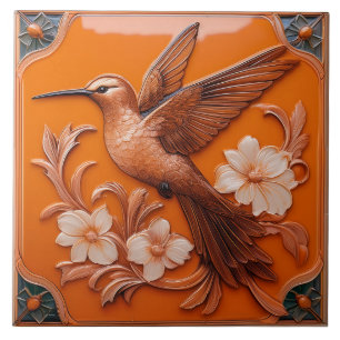 Orangene Faux-Relief-Art-Nouveau-Kolibri-L Fliese