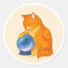 Orangene getigerte Katze mit blauem Kristallball  Runder Aufkleber