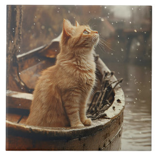 Orangene Katze auf einem Holzboot Fliese