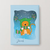 Orangene Katze im Schnee Blaues Kind Winter Button (Vorderseite)