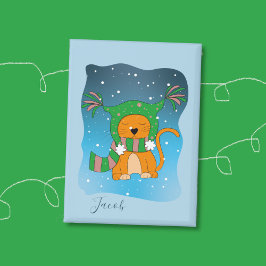 Orangene Katze im Schnee Blaues Kind Winter Button