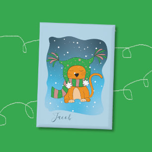 Orangene Katze im Schnee Blaues Kind Winter Button