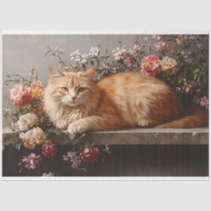 Orangene Katze mit antiken Blumenmalereien-Decoupa Seidenpapier