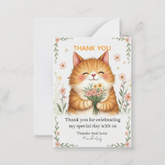 Orangene Katze mit einem Blumenstrauß Danke Mitteilungskarte