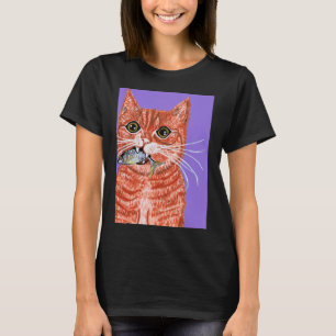 Orangene Katze mit Fisch im Maul T-Shirt