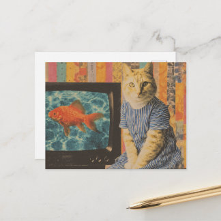 Orangene Katze mit Goldfisch auf dem TV Retro-Coll Postkarte