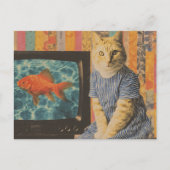 Orangene Katze mit Goldfisch auf dem TV Retro-Coll Postkarte (Vorderseite)