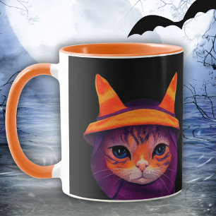 Orangene Katze mit Hexenhut Halloween Schwarz Tasse