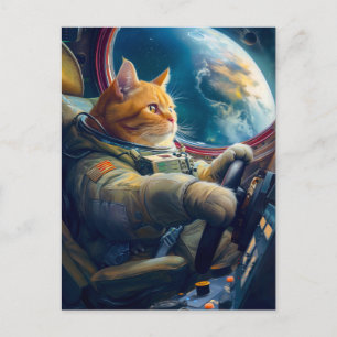 Orangene Katze steuert Raumschiff im Orbit Feiertagspostkarte