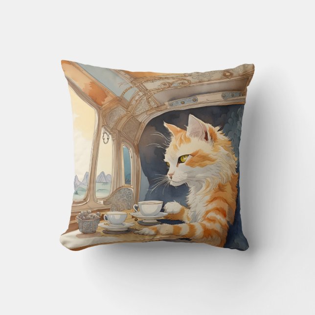Orangene Katze trinkt Tee  Kissen (Vorderseite)