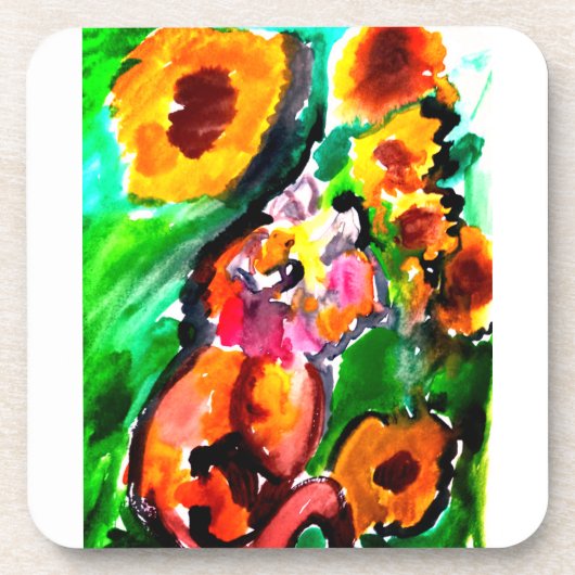 Orangene Katze und Sonnenblumen Getränkeuntersetzer (Vorderseite)