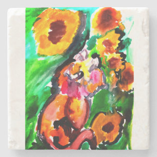 Orangene Katze und Sonnenblumen Steinuntersetzer