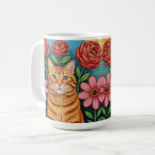 Orangene Katzen-Volkskunst-Blumen Kaffeetasse (Vorderseite Links)