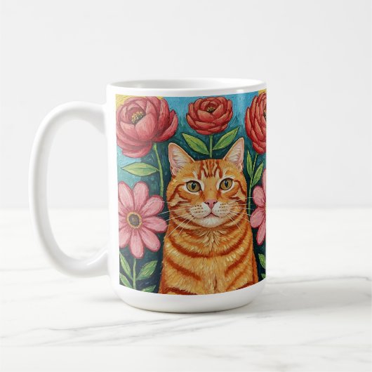 Orangene Katzen-Volkskunst-Blumen Kaffeetasse (Links)