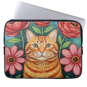 Orangene Katzen-Volkskunst-Blumen Laptopschutzhülle
