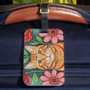 Orangene Katzen-Volksliedkunst-Blumen Gepäckanhänger