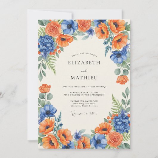 Orangene Kobalt-Mohn-Hochzeit Einladung (Vorderseite)