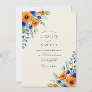 Orangene königsblaue leuchtende Wildblumenhochzeit Einladung