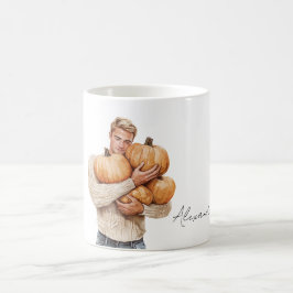 Orangene Kürbisse Blonder Mann Kaffeetasse