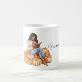 Orangene Kürbisse Schwarzes Mädchen mit Buch Kaffeetasse
