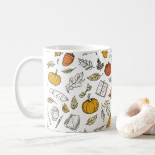 Orangene Kürbisse und Blätter im gravierten Stil. Kaffeetasse