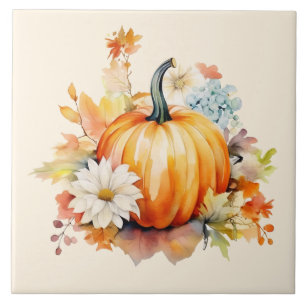 Orangene Kürbisse und Blumen Herbst Fliese
