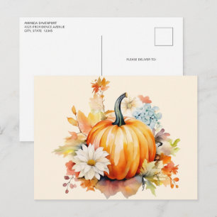 Orangene Kürbisse und Blumen Herbst Postkarte