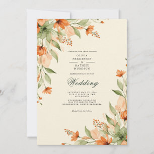 Orangene leuchtende botanische Hochzeit Einladung