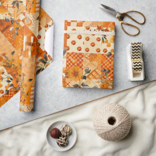 Orangene Patchwork-Quilt-Gingham-Cottagecore-Blume Geschenkpapier
