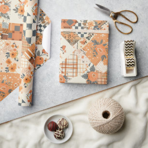 Orangene Patchwork-Quilt-Gingham-Cottagecore-Blume Geschenkpapier