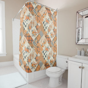 Orangene Patchworkdecke Rustikale Blumen Retro Duschvorhang