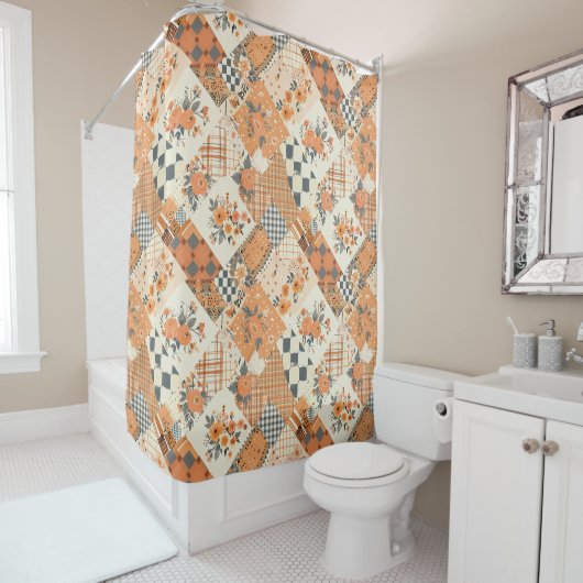Orangene Patchworkdecke Rustikale Blumen Retro Duschvorhang (Beispiel)