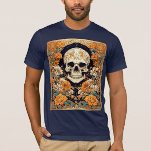 Orangene Rosen umgeben eine Schädel Art Nouveau Ge T-Shirt