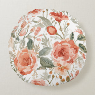 Orangene Rosen Wasserfarbe Botanisch Korallen Blum Rundes Kissen