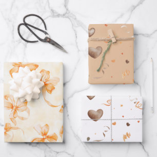 Orangene Schleifen Herzen Schokolade Geburtstag Geschenkpapier Set