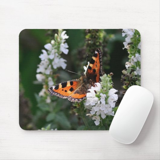 Orangene Schmetterlinge und weiße Blüten Mousepad (Mit Mouse)