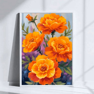 Orangene Studentenblumen   Oktober-Blumen-Aquarell Poster