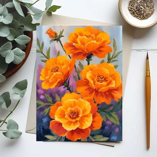 Orangene Studentenblumen | Oktober-Blumen-Aquarell Postkarte