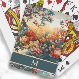 Orangene Teal Blumen Blätter Monogramm Initiale Spielkarten