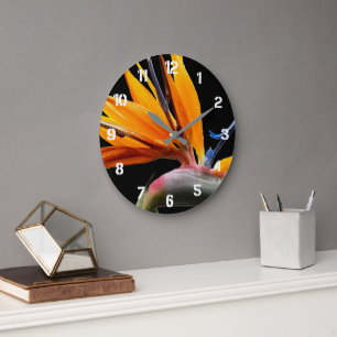 Orangene Tropische Strelitzie-Pflanze Blumen Große Wanduhr
