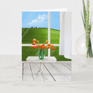 Orangene Tulpen auf dem Tisch Karte