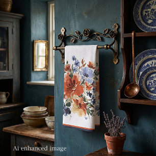 Orangene und blaue Aquarell-Blumen Geschirrtuch