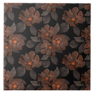 Orangene und braune Blumen auf schwarzem Hintergru Fliese