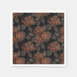Orangene und braune Blumen auf schwarzem Hintergru Serviette