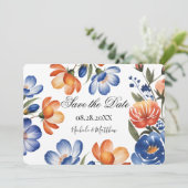 Orangene und kobaltblaue Blumenhochzeit Save The Date (Stehend Vorderseite)