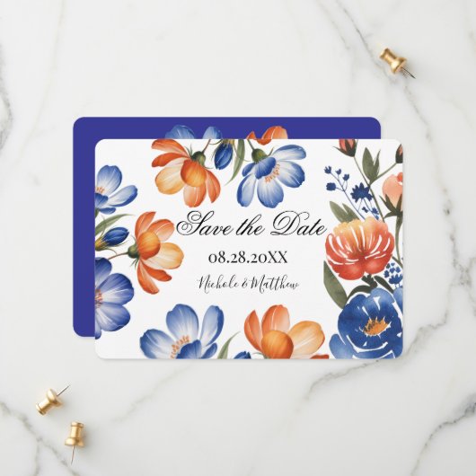 Orangene und kobaltblaue Blumenhochzeit Save The Date (Vorderseite/Rückseite Beispiel)