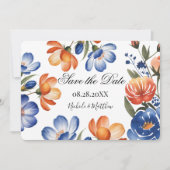 Orangene und kobaltblaue Blumenhochzeit Save The Date (Vorderseite)