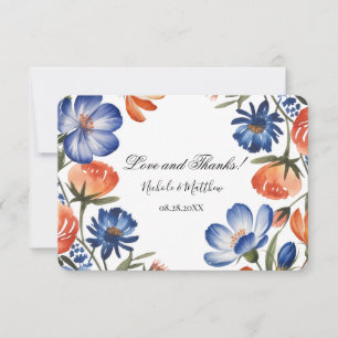 Orangene und kobaltblaue florale Hochzeit Dankeskarte